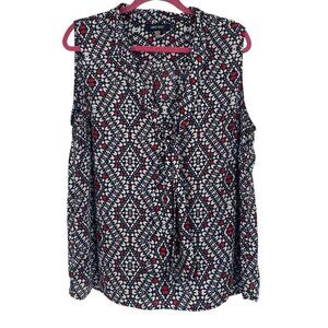 Nine West Women’s Size XL Red Black Geometric Sleeveless Tie Front Collar Blouse